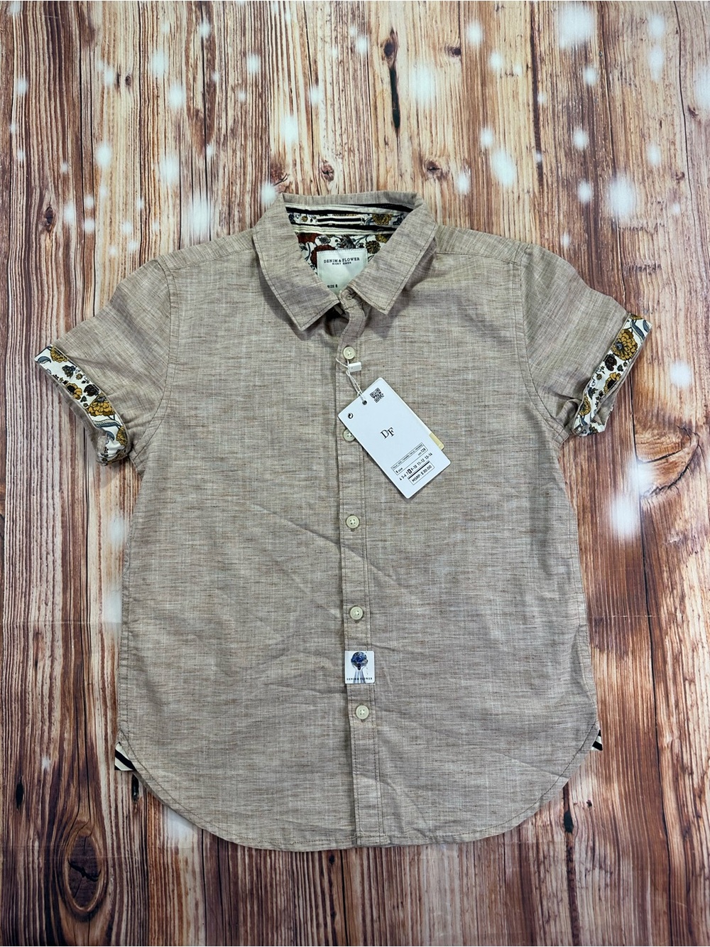 NWT DENIM & FLOWER Ricky Singh Boys Button-Up Shirt  Beige/Light Brown Size 8